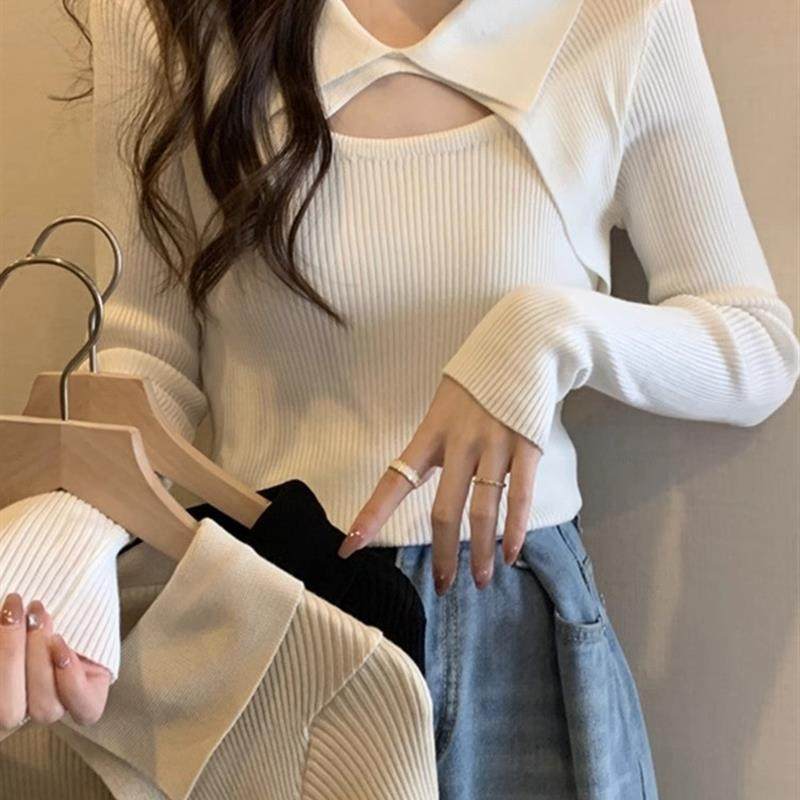 针织衫打底衫女秋冬款新款时髦洋气翻领镂空毛衣外穿内搭修身上衣