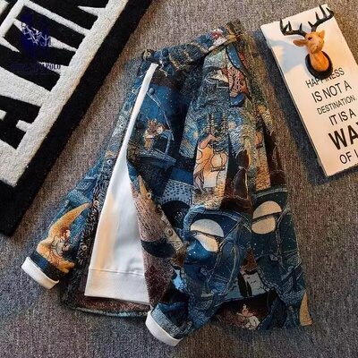 春秋美式刺绣工装牛仔外套男潮牌宽松大码百搭上衣服情侣潮流男装