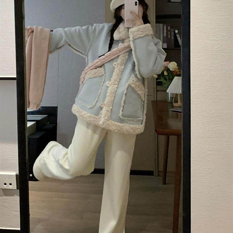 蓝色羊羔毛外套女秋冬季2025年新爆款韩系棉服皮毛一体加绒羊羔绒,女装/女士精品,短外套,淘宝优惠券,粉丝福利购,淘宝优惠卷