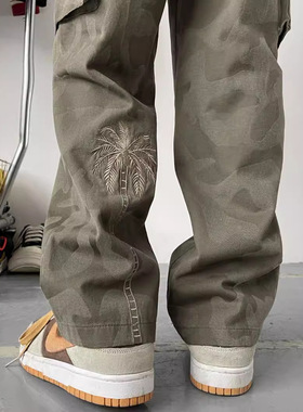 水洗迷彩工装裤男vibe美式复古军绿色刺绣裤子高街百搭直筒休闲裤