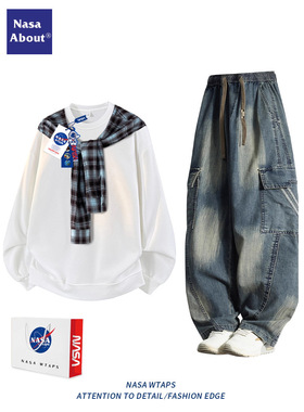 NASA潮流潮牌假两件长袖卫衣套装男士秋季新款披肩上衣长裤三件套