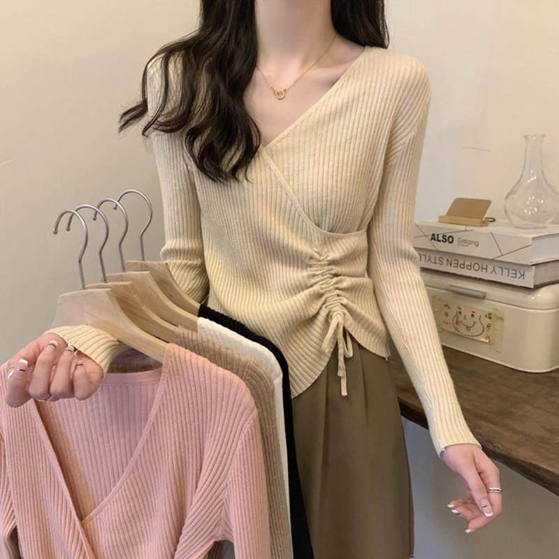 2026新款纯欲风V领不规则抽绳皱褶百搭修身打底毛针织衫设计感潮,女装/女士精品,毛针织衫,淘宝优惠券,粉丝福利购,淘宝优惠卷