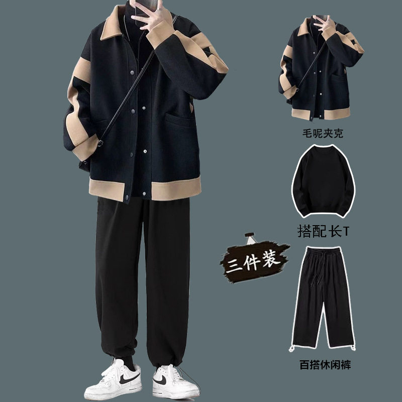 新款春秋季毛呢外套男港风潮流痞帅男装一套夹克休闲搭配帅气套装