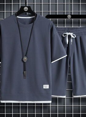 衫少服饰华夫格运动休闲套装男士现货批发港风宽松假两件短袖短裤