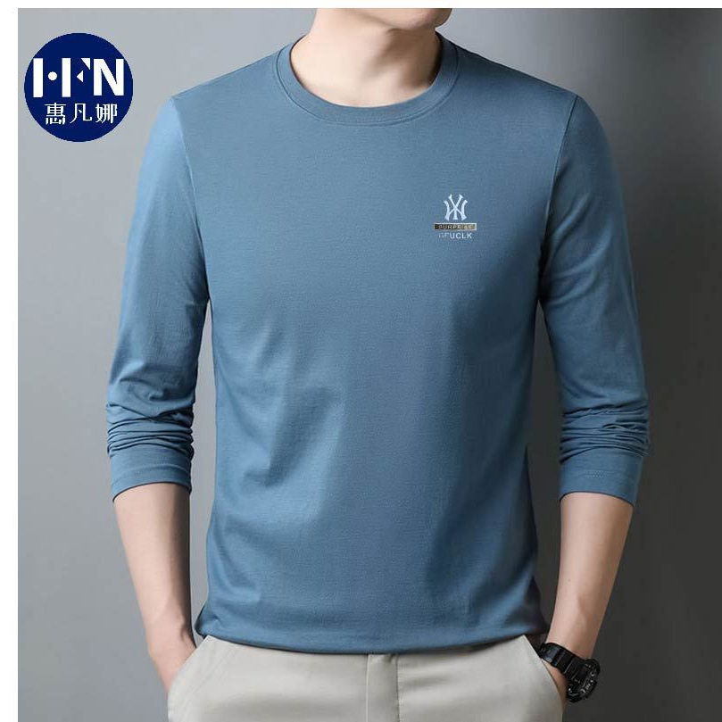 新款100%纯棉高级感春秋长袖T恤男士时尚男圆领青年薄款体恤男装