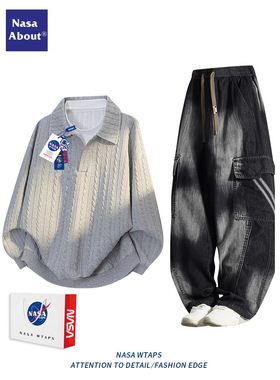 NASA ABOUT运动服套装男款2025新款春秋季假两件POLO衫长裤两件套