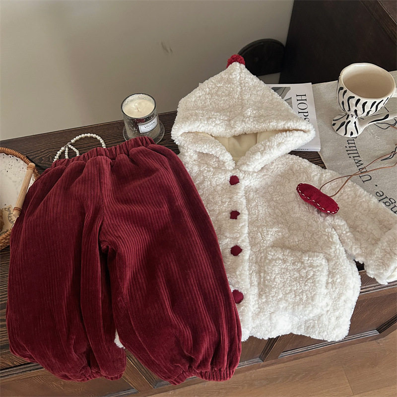韩版童装2025新款冬季女童羊羔毛加绒外套红色灯芯绒加绒裤子套装,童装/婴儿装/亲子装,儿童运动套装,淘宝优惠券,粉丝福利购,淘宝优惠卷