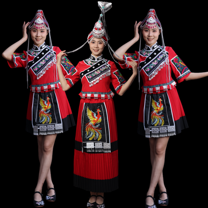 三月三新款少数民族畲族凤凰刺绣演出服成人舞蹈表演服装红色套装