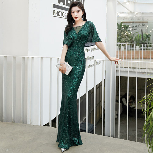 墨绿色晚礼服女气质鱼尾修身高端