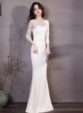 白色晚礼服女2025新款宴会高贵气质名媛鱼尾长款主持人连衣裙高端