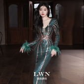 鱼尾电视台主持人年会连衣裙 修身 墨绿色晚礼服女宴会高档秋季 长袖