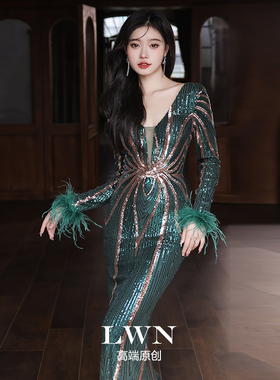 墨绿色晚礼服女宴会高档秋季长袖修身鱼尾电视台主持人年会连衣裙