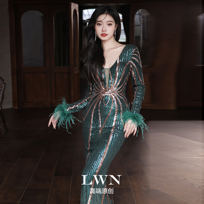 时尚韩版墨绿色晚礼服女礼服