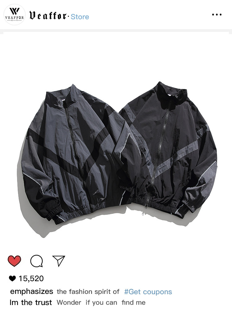 VEAFFOR 아메리칸 패션 브랜드 봄 가을 대비 컬러 스티치 스탠드 칼라 지퍼 재킷 루즈 캐주얼 스포츠 아웃도어 재킷
