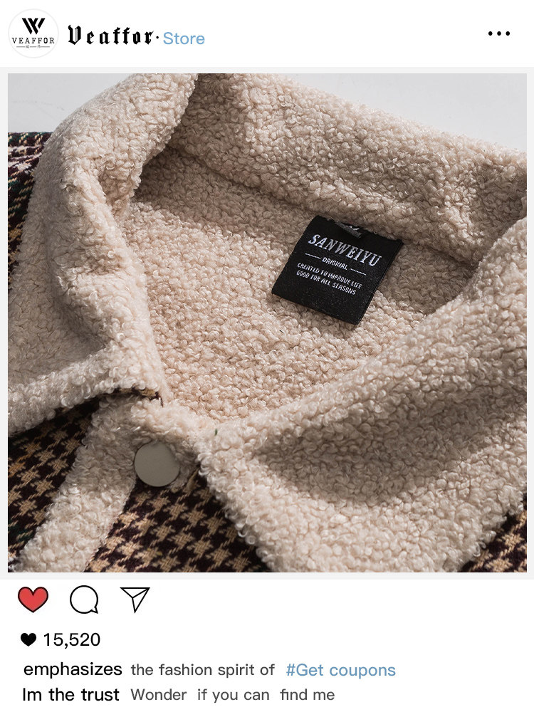 VEAFFOR 미국 트렌디 브랜드 겨울 격자 무늬 두꺼운 양고기 울 코튼 코트 자켓 남성과 여성 커플 루즈 캐주얼 코튼 의류