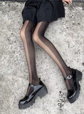 黑色丝袜小众网红竖条纹拼接丝袜女防勾丝耐穿秋季黑丝穿搭纯欲风