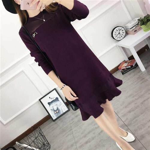 春秋新款女中长款打底裙荷叶边毛衣裙针织衫显瘦镂空性感蕾丝