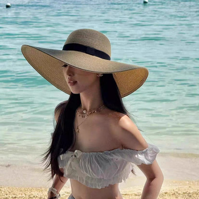 简约百搭草帽女夏季防晒遮阳太阳帽海边度假风可折叠大帽檐沙滩帽