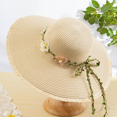 花朵草帽女夏户外出游遮阳防晒太阳帽海边度假风小清新大沿沙滩帽