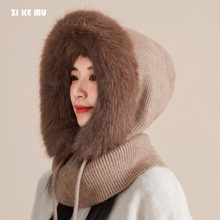 帽子围脖一体帽女秋冬季加厚保暖韩版女士户外骑车防寒护颈针织帽