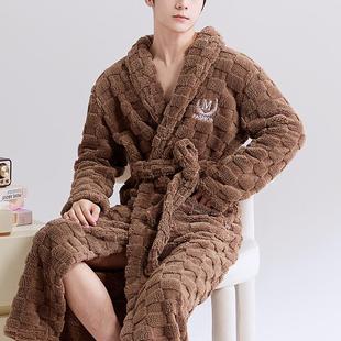 男法兰绒睡衣长款浴袍秋冬款男士珊瑚绒睡袍大码家居服加厚加绒