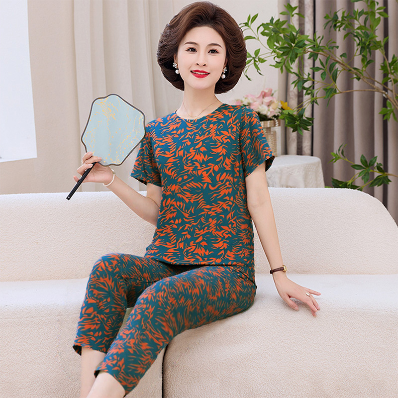 夏七分裤睡衣女人造棉绸中老年妈妈装家居服套装可外穿春秋季绵绸