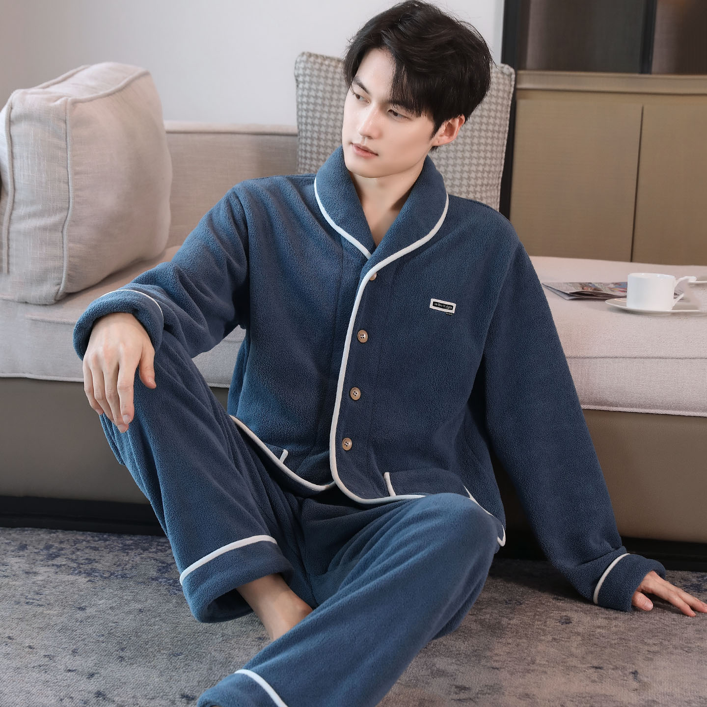 加厚加绒睡衣男士秋冬开衫颗粒绒