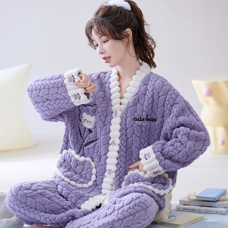 开衫女睡衣长毛绒秋冬