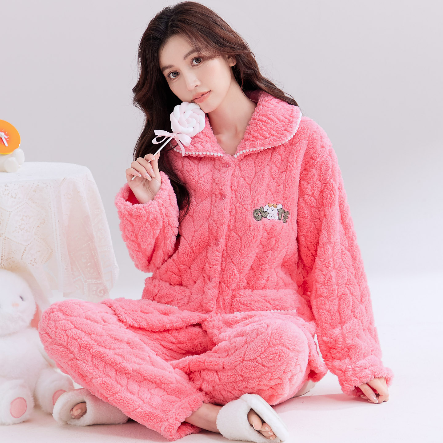 长毛绒睡衣女秋冬季加肥加大保暖