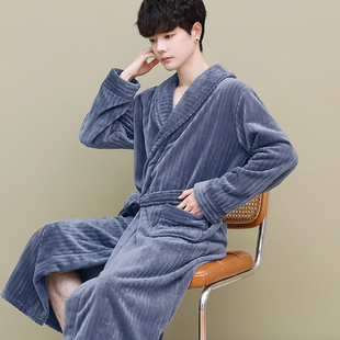 法兰绒睡袍男士加厚加绒保暖大码浴袍中长款珊瑚绒秋冬季睡衣休闲
