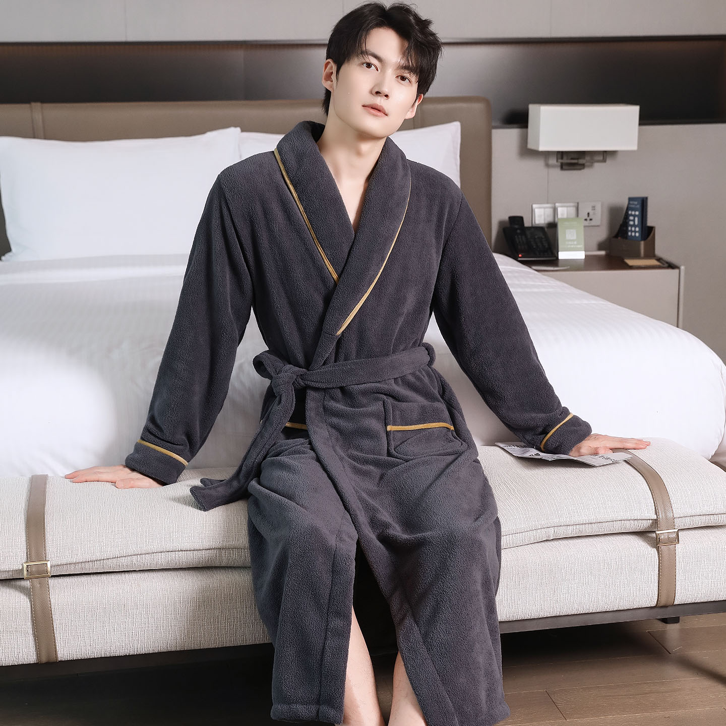 加厚加绒睡袍男士秋冬颗粒绒加长