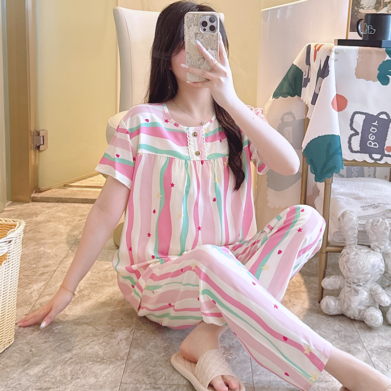 短袖长裤绵绸家居服女睡衣