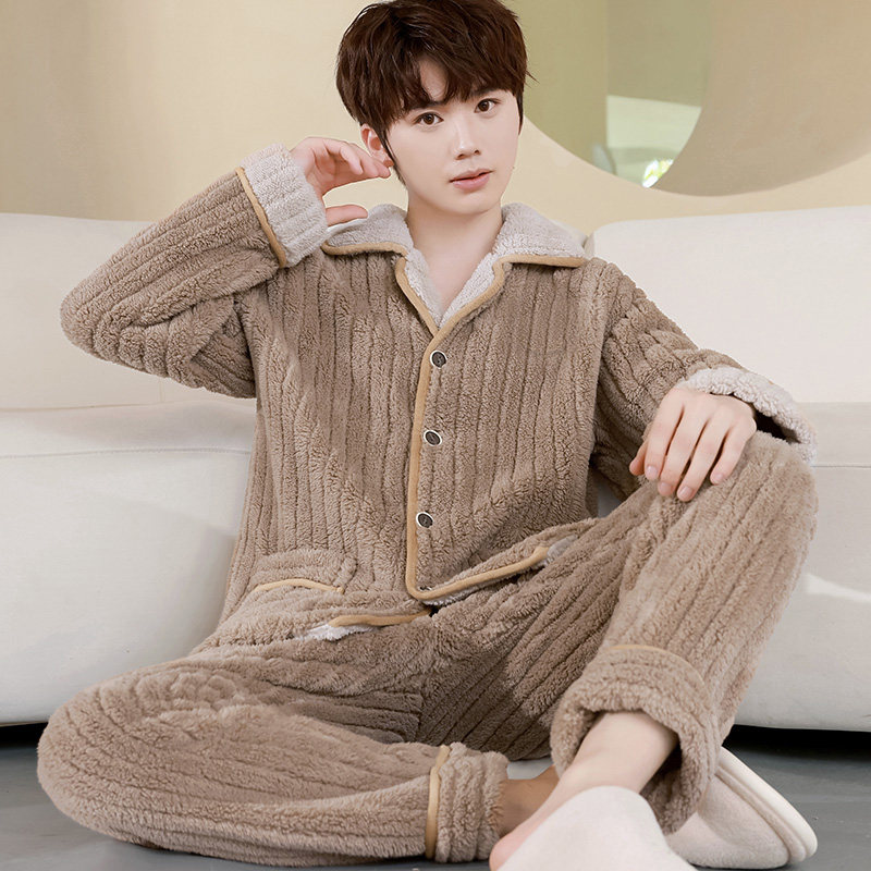 好得西男长毛绒开衫长袖睡衣秋冬