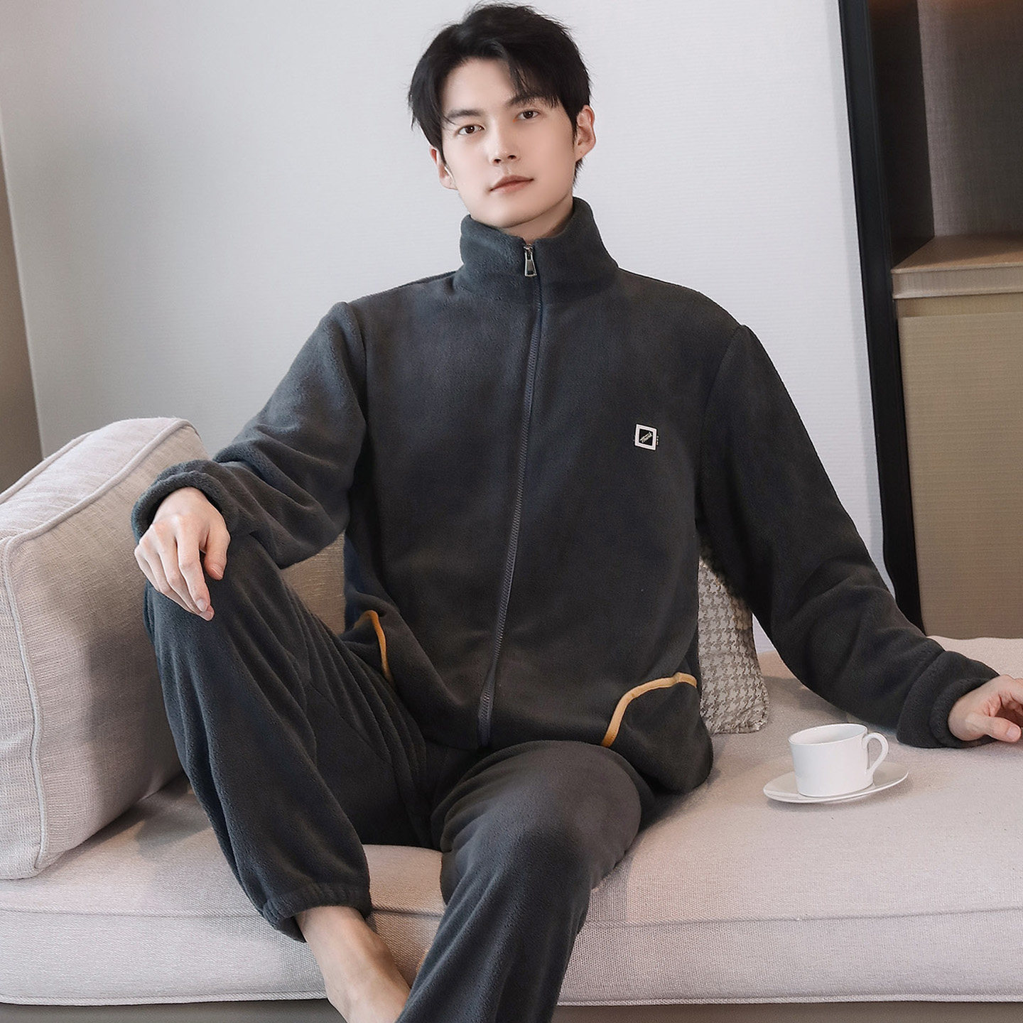 拉链睡衣男颗粒绒加厚加绒秋冬季可外穿保暖大码珊瑚绒家居服套装