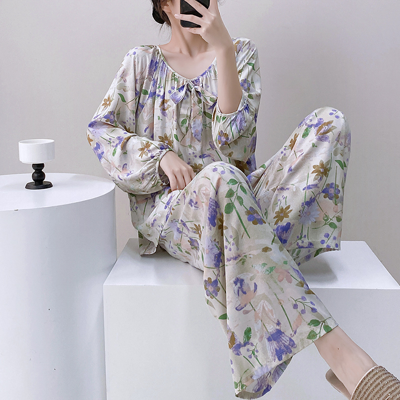 睡衣女人造棉绸春秋夏天长袖宽松
