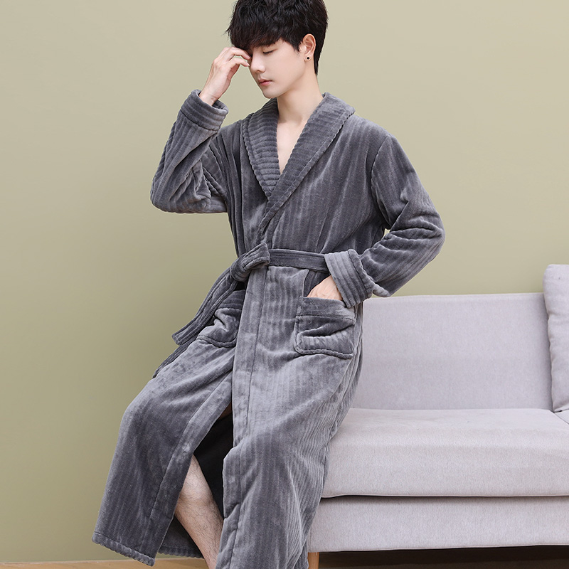 竖条法兰绒睡袍好得西男