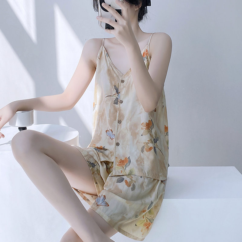 吊带睡衣女绵绸短裤夏新中式国风