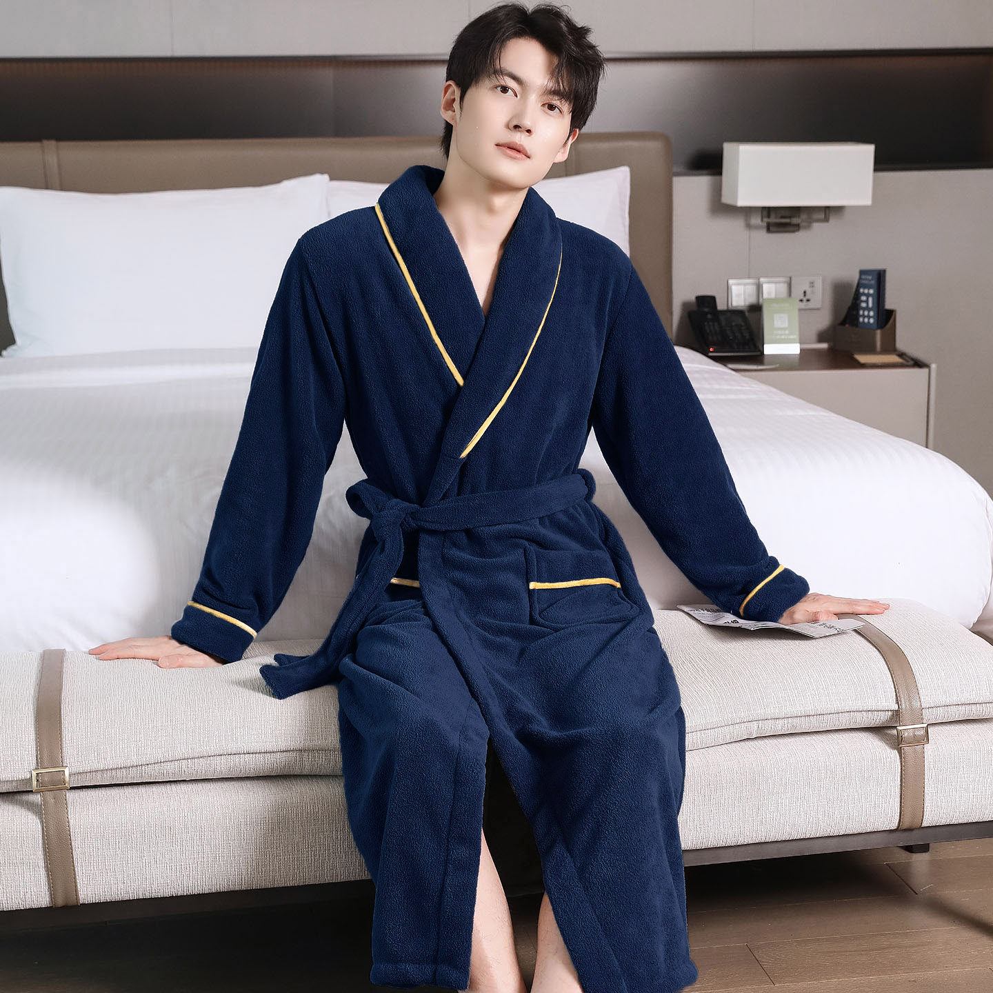 加厚保暖睡袍男秋冬季颗粒绒中长款加绒珊瑚绒男士浴袍法兰绒睡衣