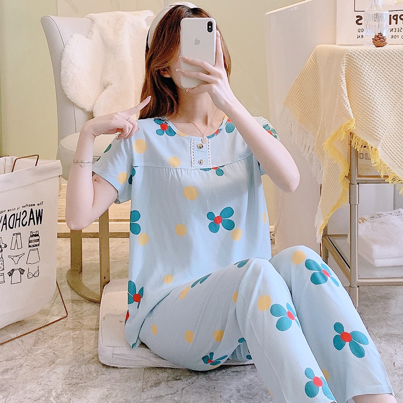 夏天薄款短袖长裤棉绸睡衣女士夏款2022年新款绵绸套装大码家居服