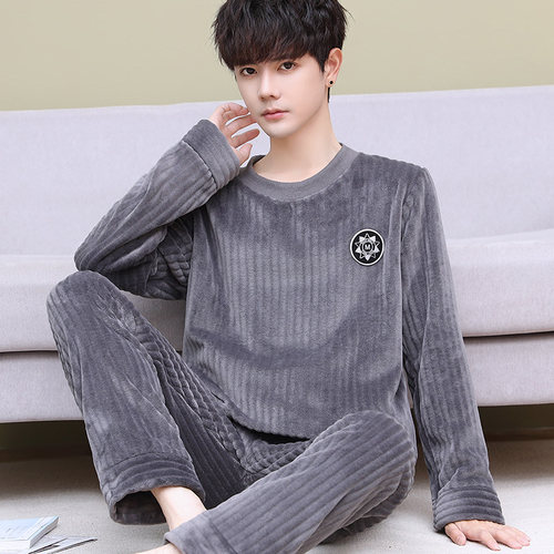 珊瑚绒睡衣男套头秋冬季