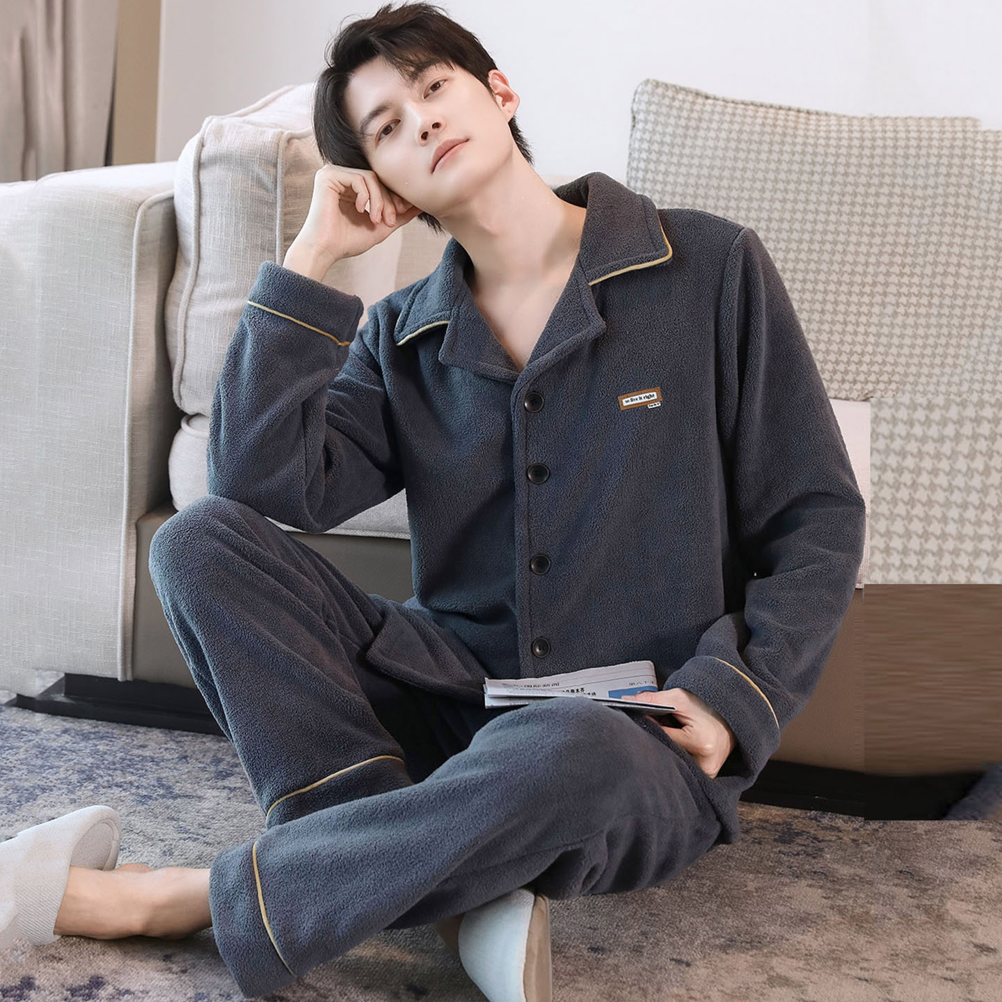 加厚加绒睡衣男士秋冬保暖颗粒绒