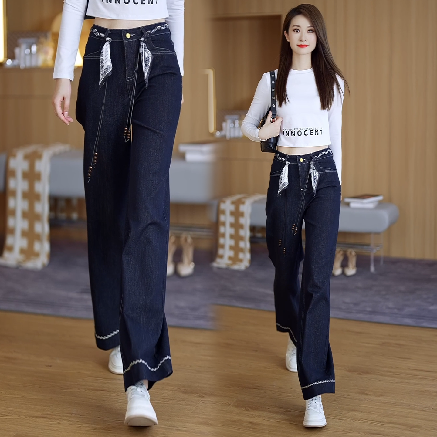 版型超好看的丝巾腰带阔腿牛仔裤