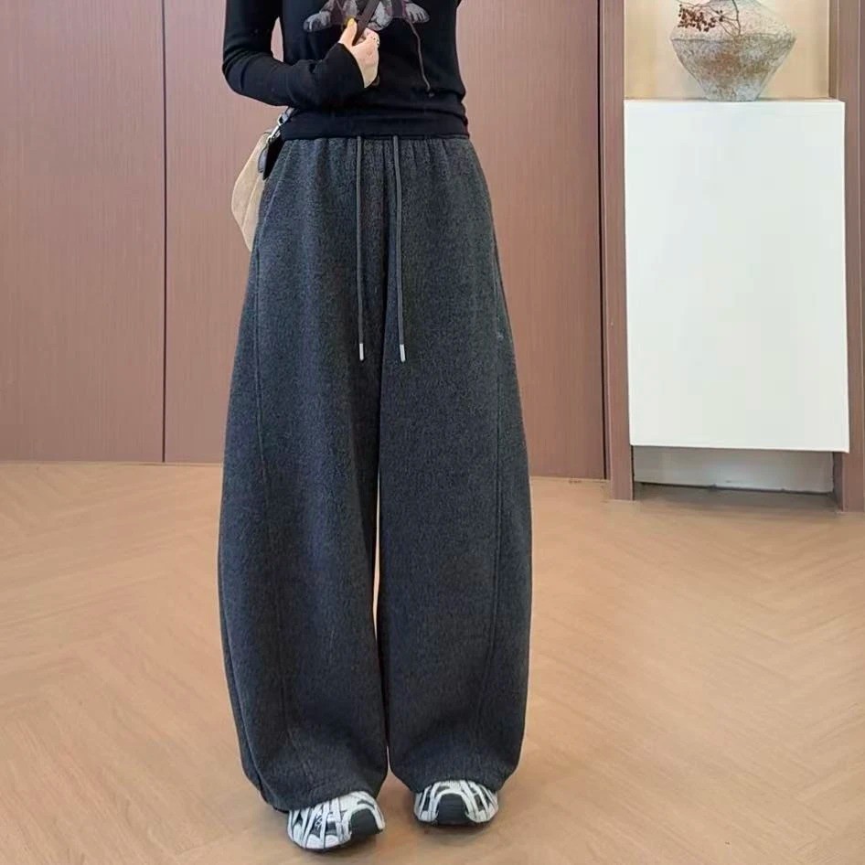 宽松羊毛呢加绒休闲弯刀裤