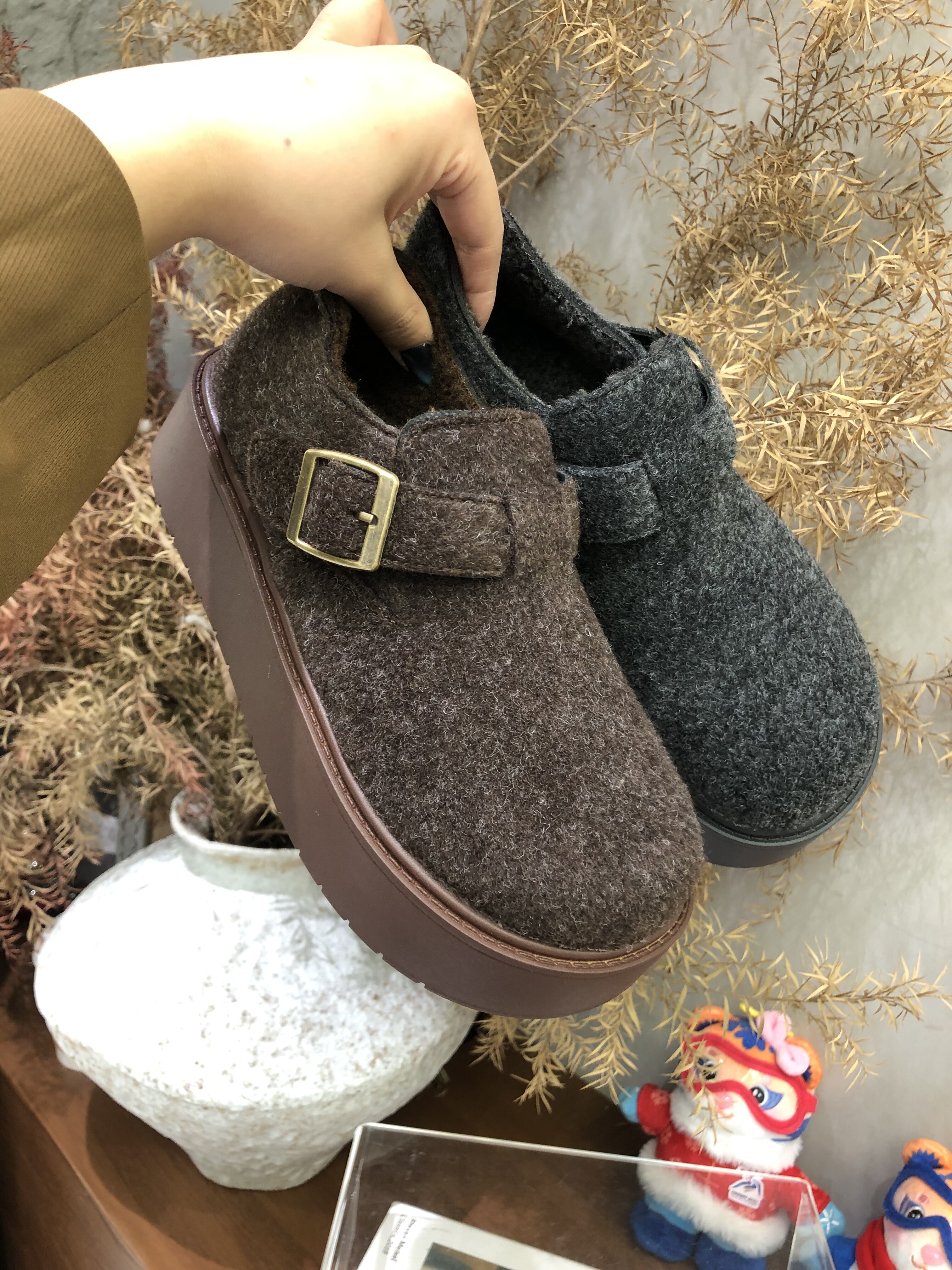 厚底毛呢勃肯鞋女鞋2025秋冬新款加绒保暖百搭棉鞋懒人毛毛鞋