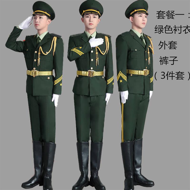 升旗手服装仪仗队国旗班护卫队秋冬套装军乐团鼓号服绿白高中低档