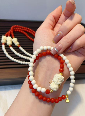 鹿骨搭配南红色玛瑙双圈手链 点缀象牙果度母镀金等配饰 手链