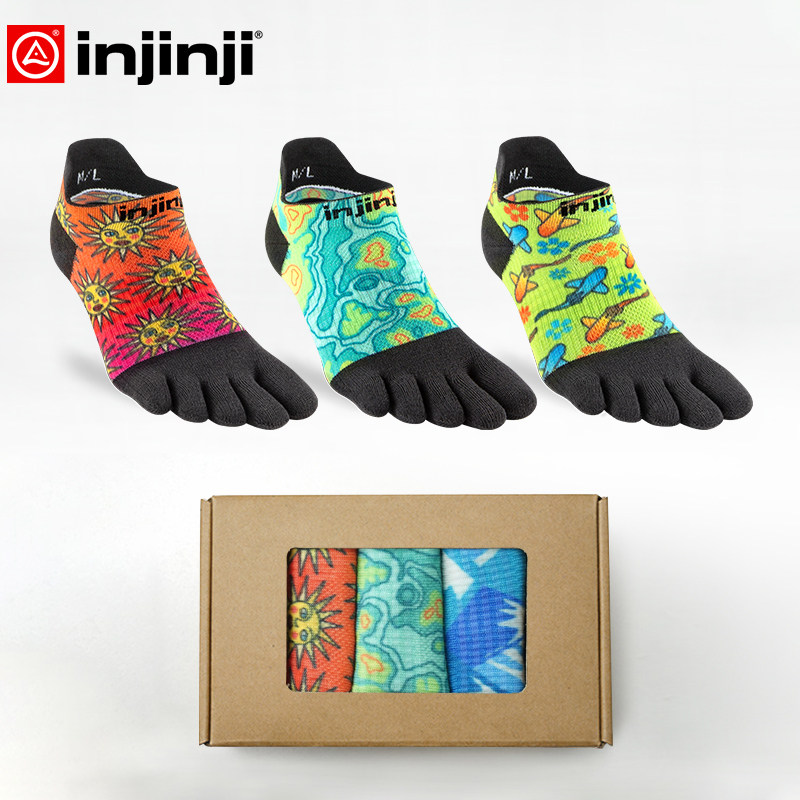 injinji五指袜女短筒薄款三对礼盒装拼色coolmax速干运动跑步袜子