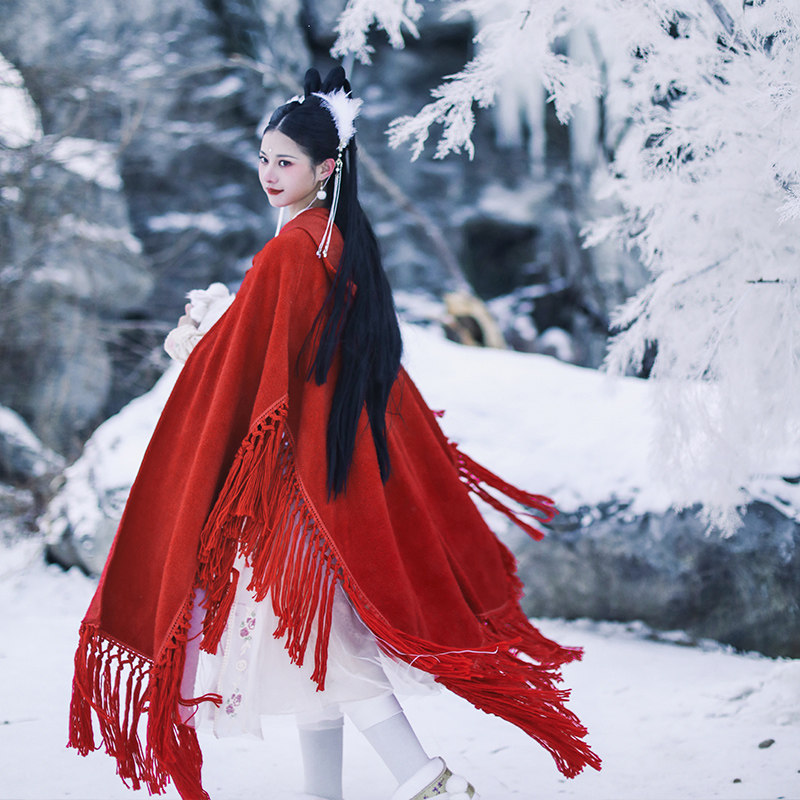麦叙《虞美人》原创红色汉服斗篷女冬季中国风日常加厚长披风外套