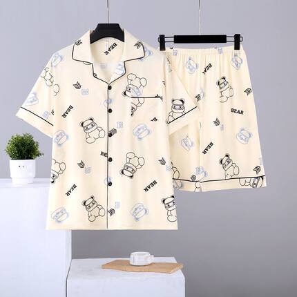 男士睡衣高档夏季短袖开衫卡通薄款青少年短裤家居服夏天轻奢套装