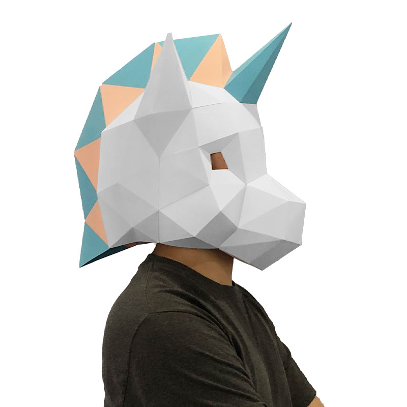 小独角兽头套成人手工立体折纸可爱搞怪马头面具舞台派对多彩头盔